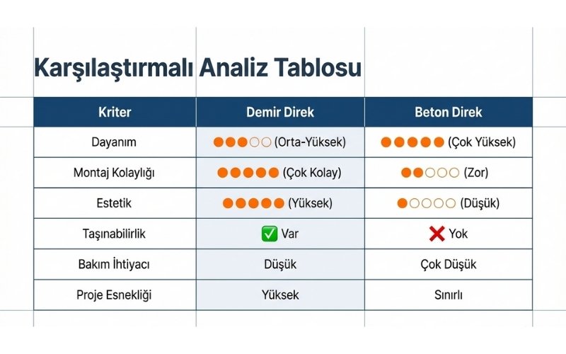 Demir Direk mi Beton Direk mi Karşılaştırmalı Tablo