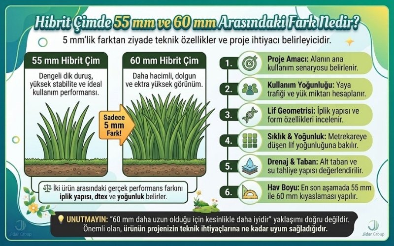 Suni Çim Kaç mm Olmalı? 27 Hibrit Çimde 55 mm ve 60 mm Arasındaki Fark Nedir